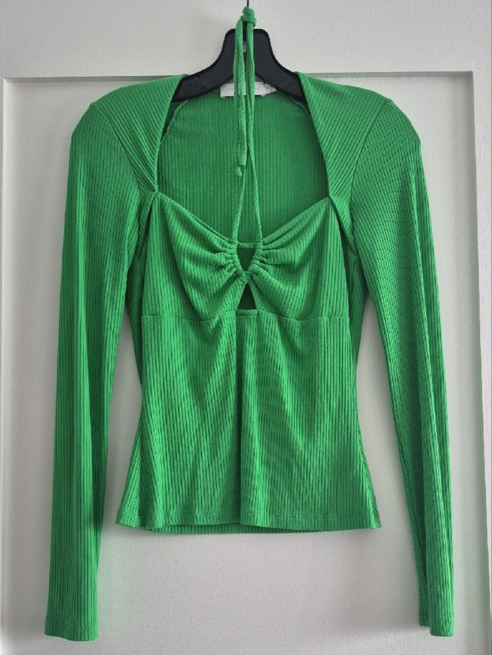 Jonathan Simkhai Green Ribbed Contour Long-Sleeve Halter Tie Keyhole Top, Small